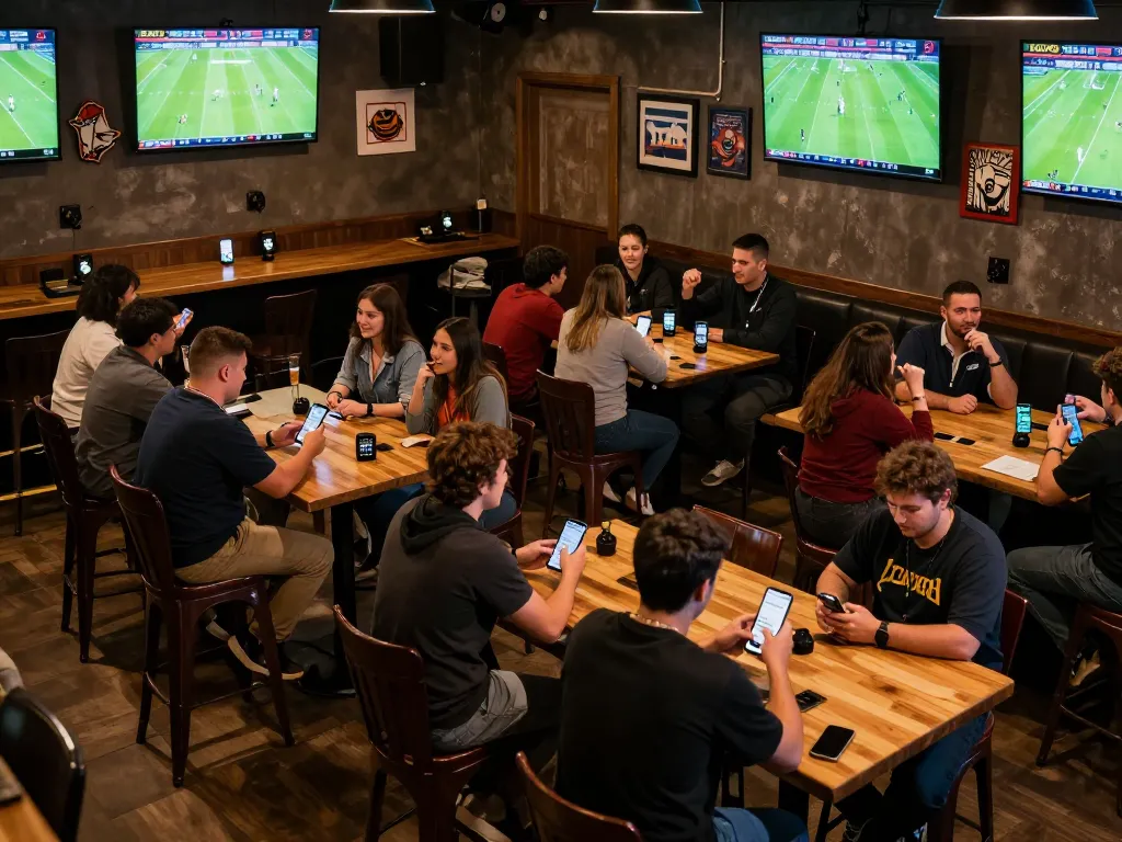 Fans engaging in trang cá cược bóng đá at a lively sports bar with live matches on screens