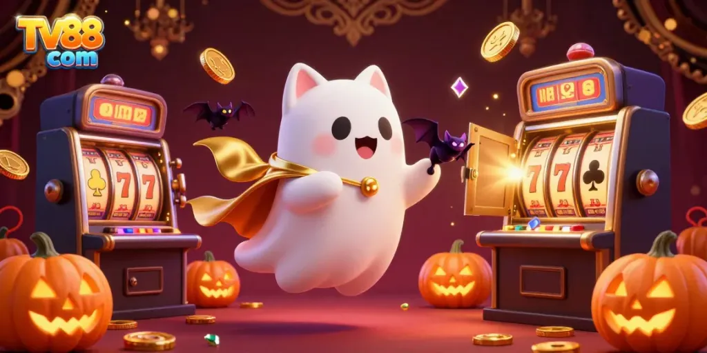 Experience thrilling gaming at TV88 com with a playful ghost cat, vampire bat, and glowing poker-themed jack-o-lanterns in a lively casino.