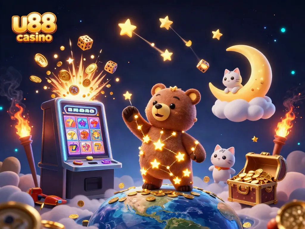 Experience excitement at u88 casino with a cosmic bear, vibrant slot machines, and treasure bursting with coins.