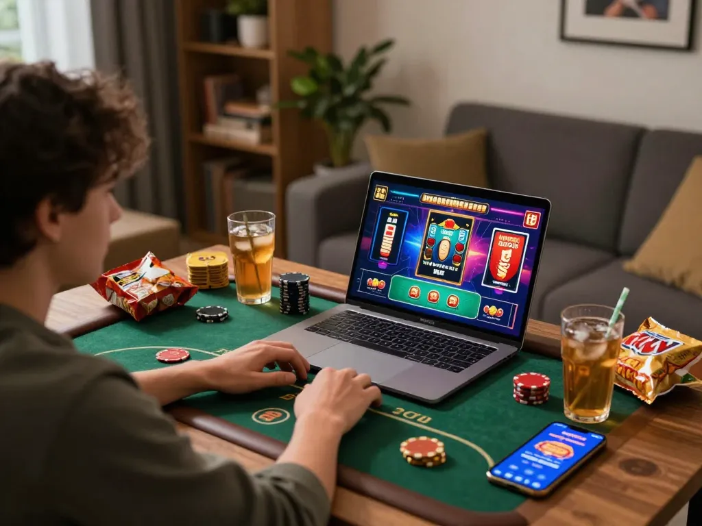 Player engaging with TG88 online casino games while enjoying a cozy home setup.