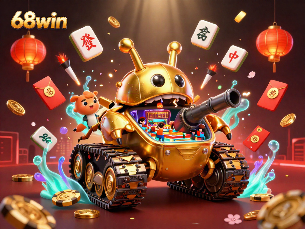 Experience the thrill of 68win with a vibrant 3D casino scene featuring a unique golden beetle tank!