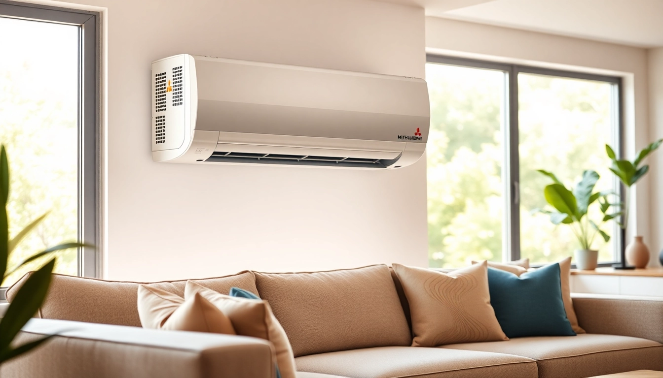 Install a mitsubishi mini split ac in a stylish living room featuring modern decor and natural lighting.