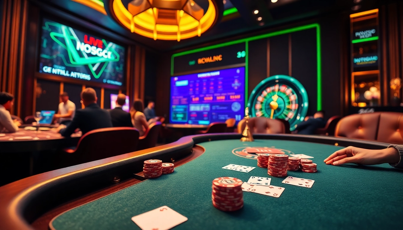 mb66 online casino showing an exciting poker game and roulette wheel in a luxurious setting.