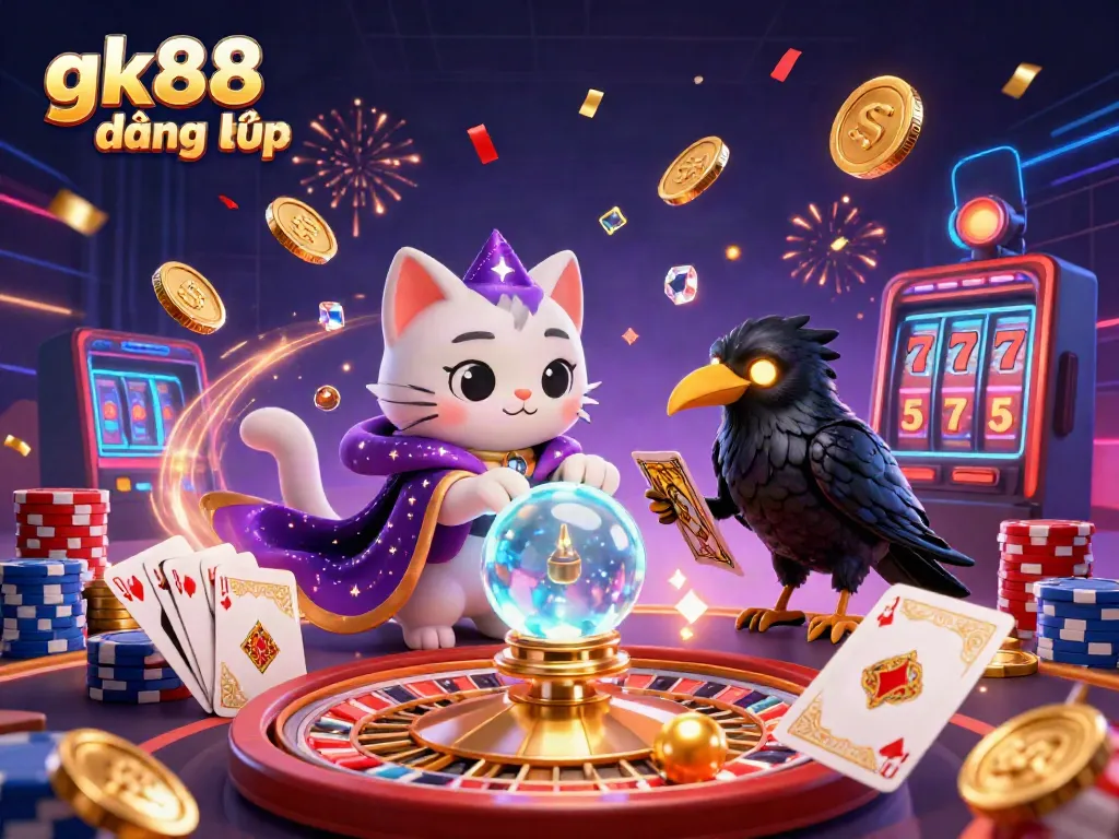 Engage with gk88 đăng nhập and experience a captivating casino scene filled with fortune teller characters, dynamic playing elements, and a vibrant atmosphere.