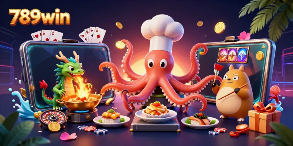 Engage your luck at 789win with this vibrant casino-themed 3D illustration featuring unique characters and gaming elements.