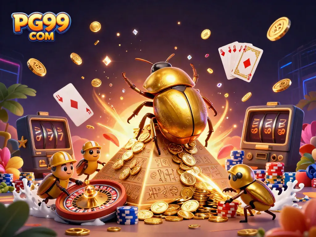 Experience thrilling gaming excitement with PG99 COM as golden beetles celebrate casino wins.