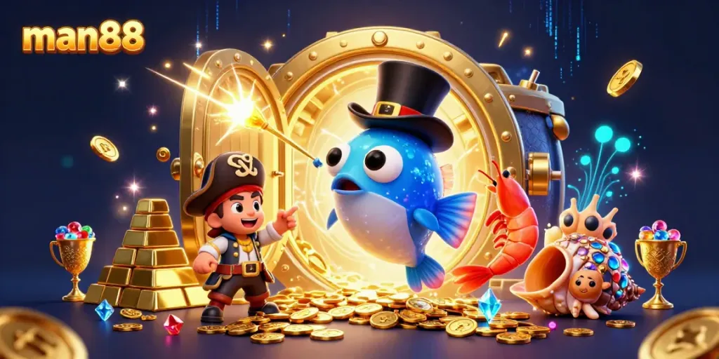 Bet big with man88 in this vibrant underwater casino treasure scene featuring mascot characters.