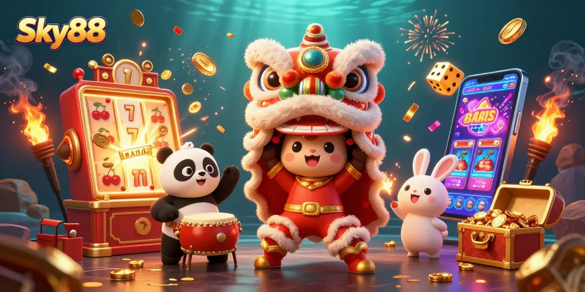 Sky88 showcases a vibrant illustration of a lion dance surrounded by dynamic casino elements.