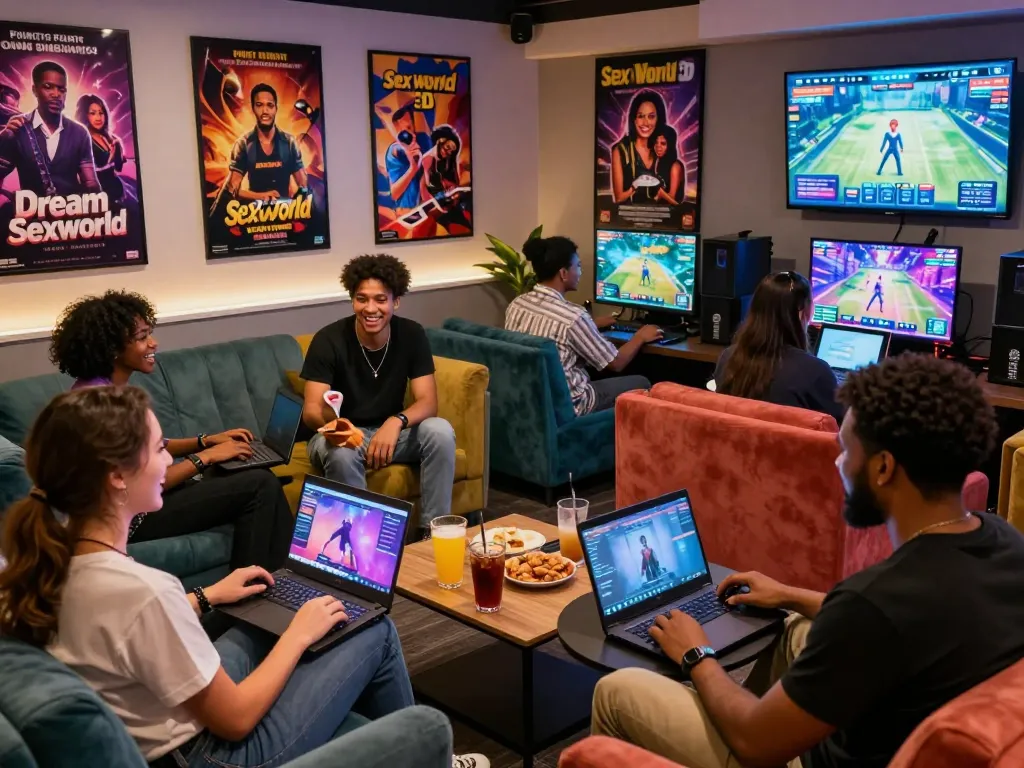 Players enjoying free porn games in a vibrant lounge with colorful game posters
