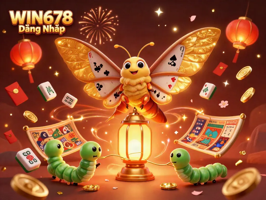 Engage with WIN678 Đăng Nhập by enjoying exciting casino scenes with golden moths and festive elements.