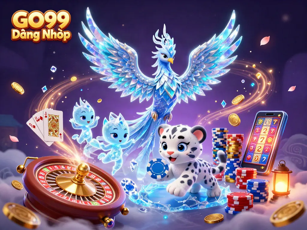 Play exciting games with GO99 Đăng Nhập: vibrant scene with ice phoenix and casino elements