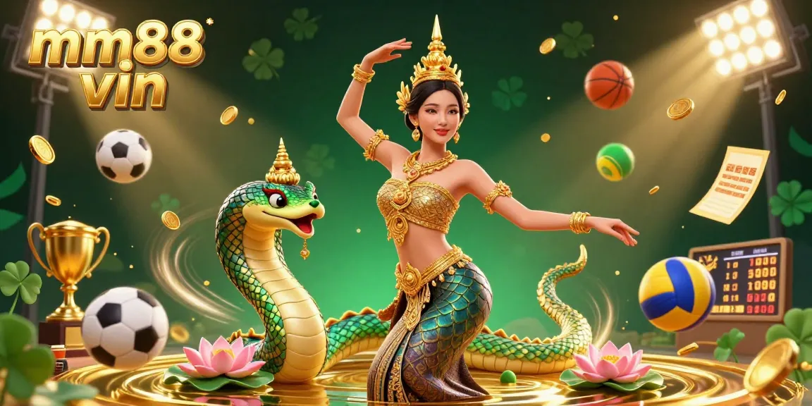 Engage in vibrant betting action with mm88 vin, featuring an elegant Thai dancer, Naga serpent, and dynamic sports elements.