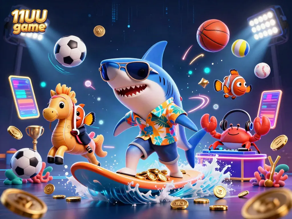 Experience the thrill of 11UU game with 3D characters amidst gold coins and dynamic sports elements.