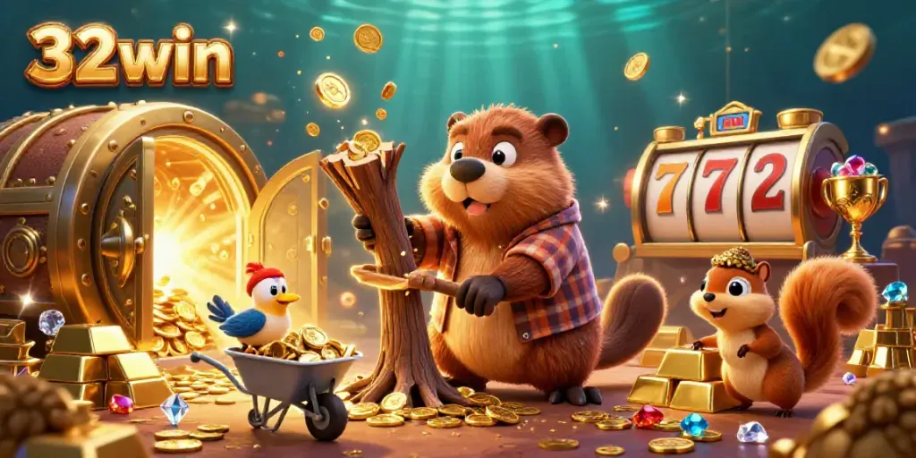 Experience the excitement of 32win with a vibrant, gold-rich casino adventure illustration