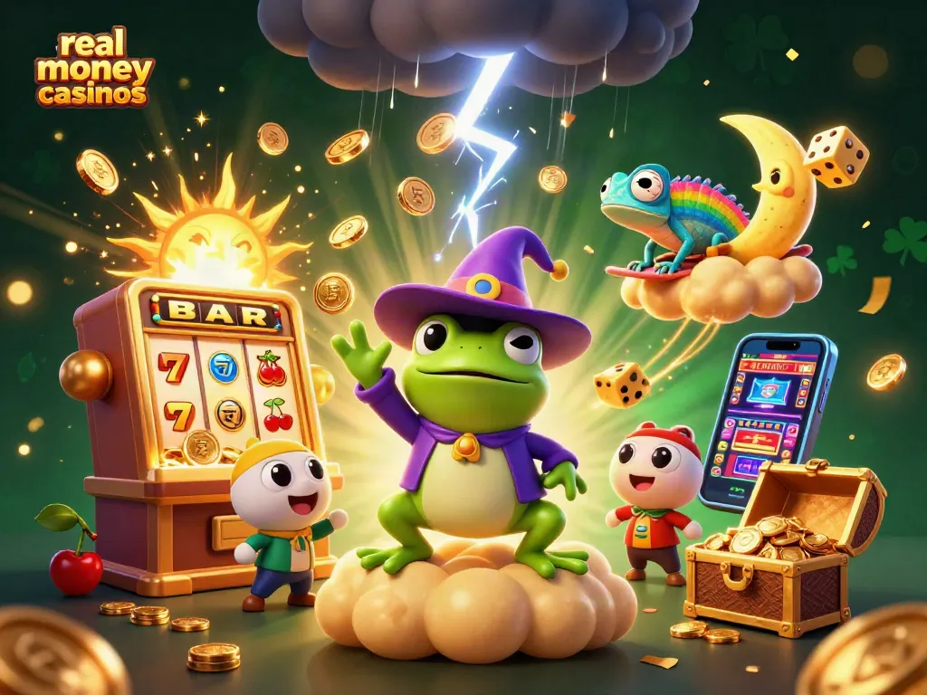 Experience real money casinos illustrated with a wizard frog conjuring gold coins and vibrant characters.