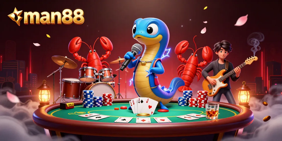 Experience man88's electrifying underwater casino with a DJ electric eel, lobster drummer, and seahorse guitarist.