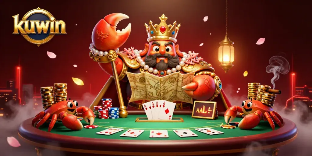 Kuwin showcases a golden crab emperor surrounded by poker elements in an exciting casino scene.