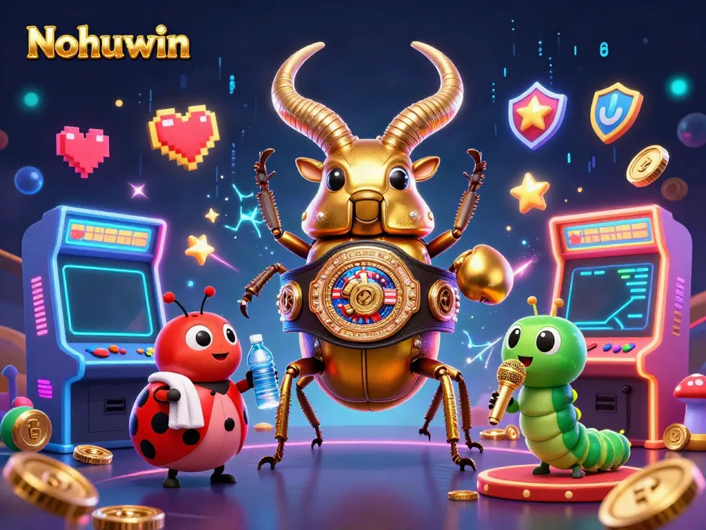 Nohuwin showcases a vibrant scene of a giant golden stag beetle as a champion surrounded by colorful gaming elements, highlighting excitement in online gambling.