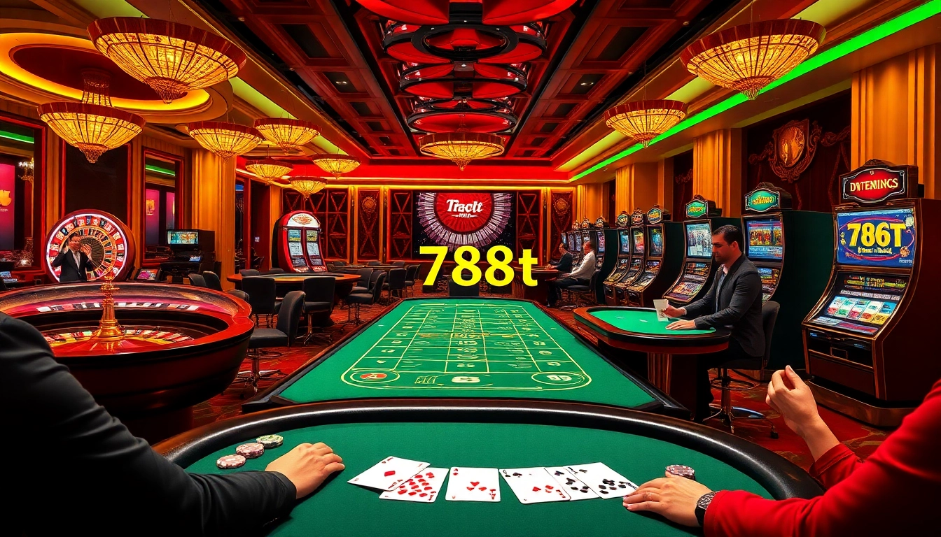 A thrilling online casino experience on the 788t platform, featuring players at poker tables and vibrant slot machines.