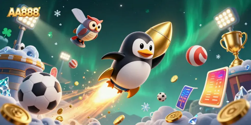 Experience the thrill at AA888 with action-packed casino elements and a vibrant 3D scene.