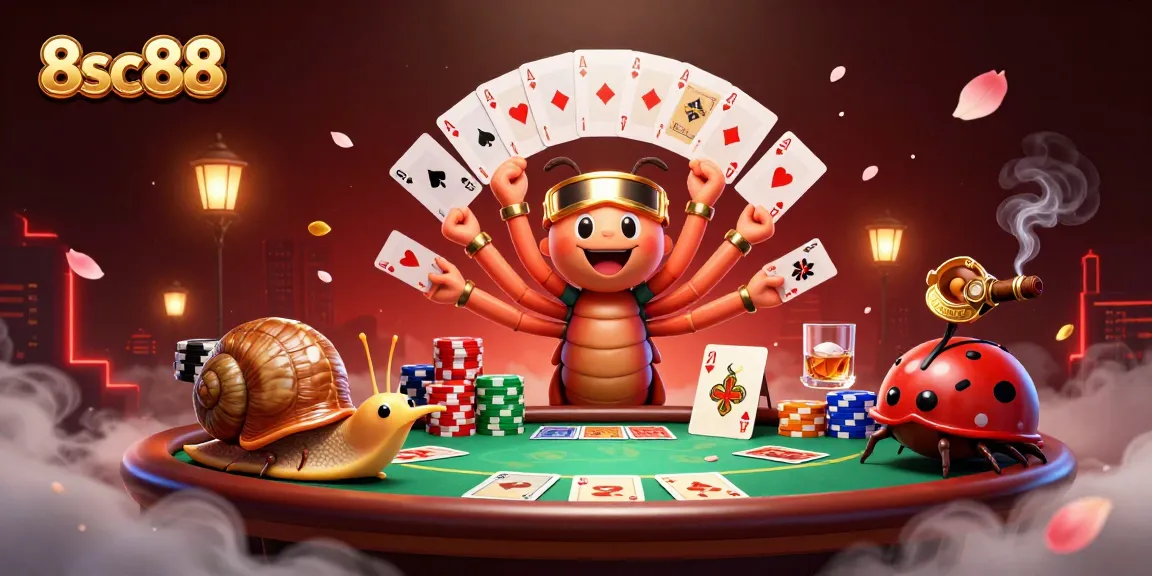 Engage in high-stakes betting at 8sc88 with a lively casino scene featuring unique characters and vibrant game elements.