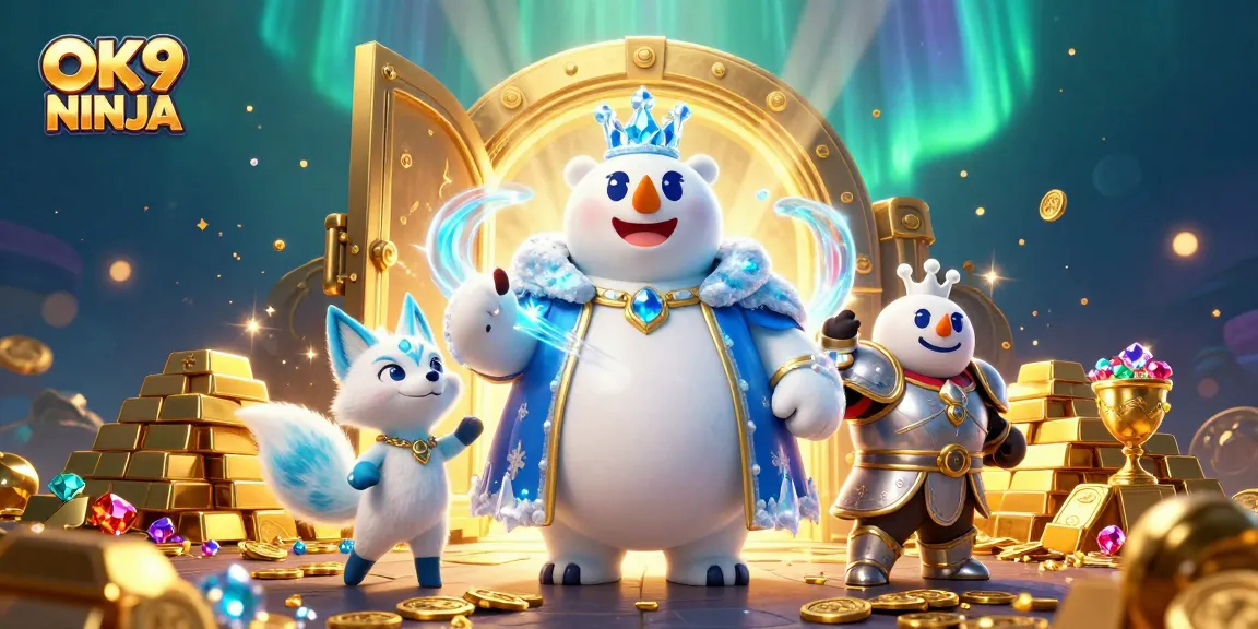 Experience exciting gameplay with OK9 NINJA featuring polar bear royalty amidst treasure in this 3D casino scene.