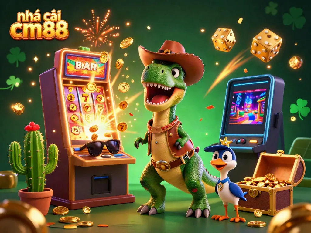 Engage with nhà cái cm88 through a vibrant 3D casino scene featuring a cartoon T-Rex and dynamic gaming elements.