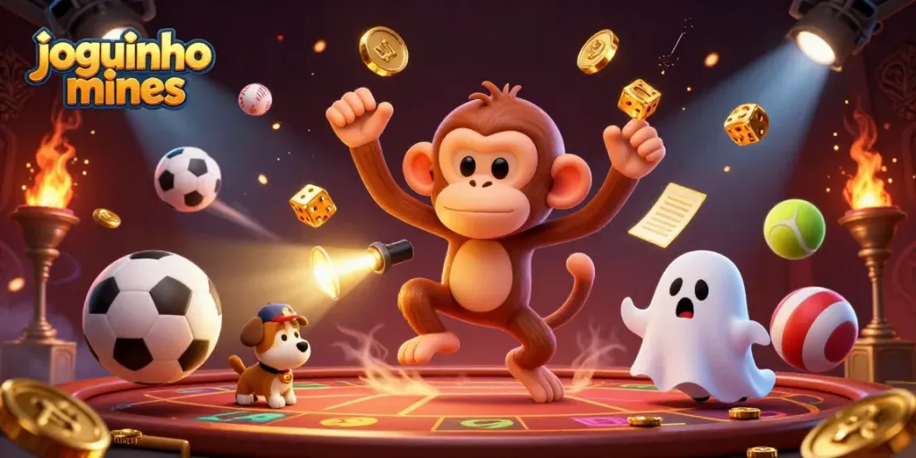 Engage in the thrilling joguinho mines with a whimsical scene featuring a playful poltergeist monkey and a curious ghost-hunting puppy.