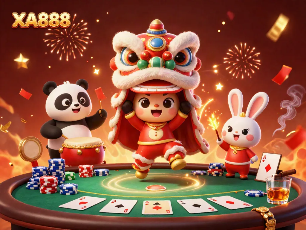 Celebrate thrilling poker moments with XA888’s vibrant casino illustration featuring playful characters and rich game elements.