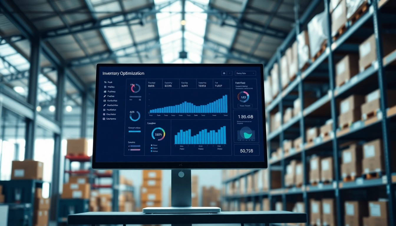 Utilize inventory optimization software with a sleek dashboard and organized warehouse space.