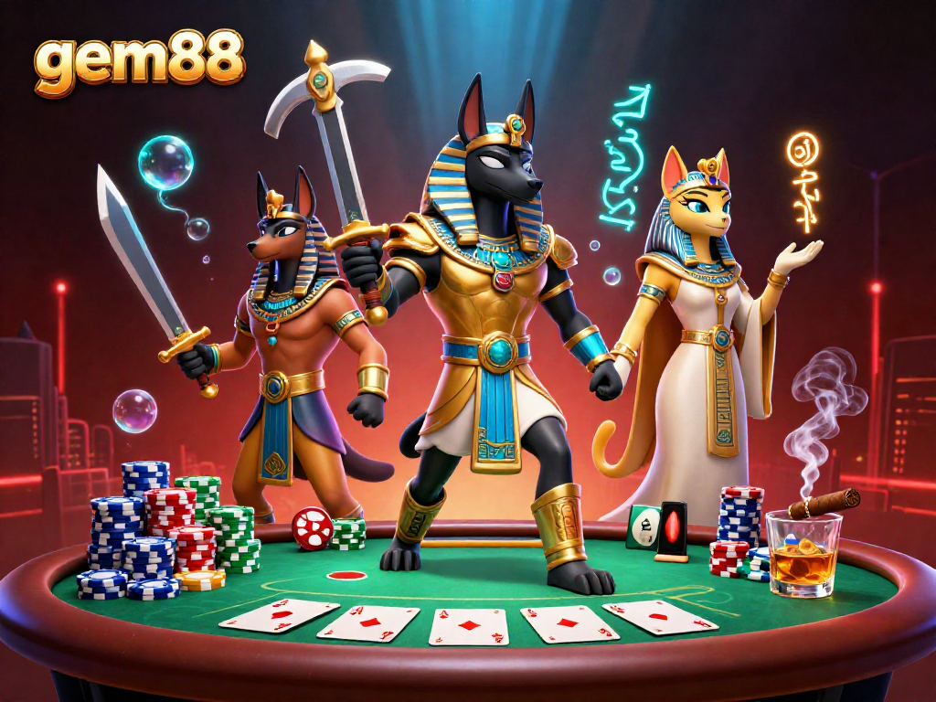 Experience gem88's thrilling poker scene with Anubis and Bastet amidst vibrant casino elements.