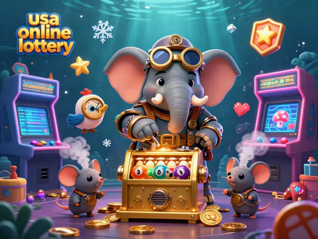Experience the fun of usa online lottery with a lively scene featuring a steampunk elephant and lottery elements.