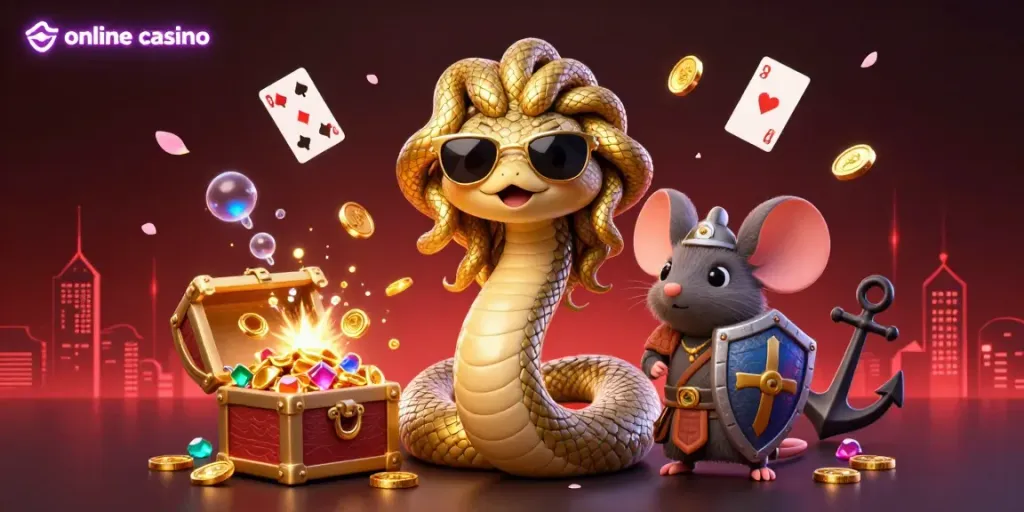 Medusa and warrior mouse celebrate with treasures in an online casino setting.