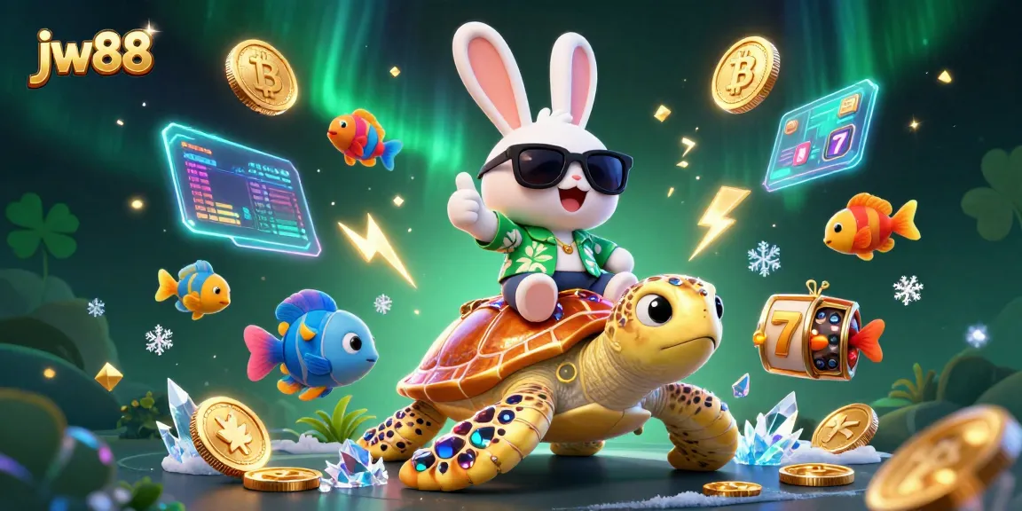 Experience the thrill of jw88 with lively cartoon characters enjoying casino slots and crypto elements.