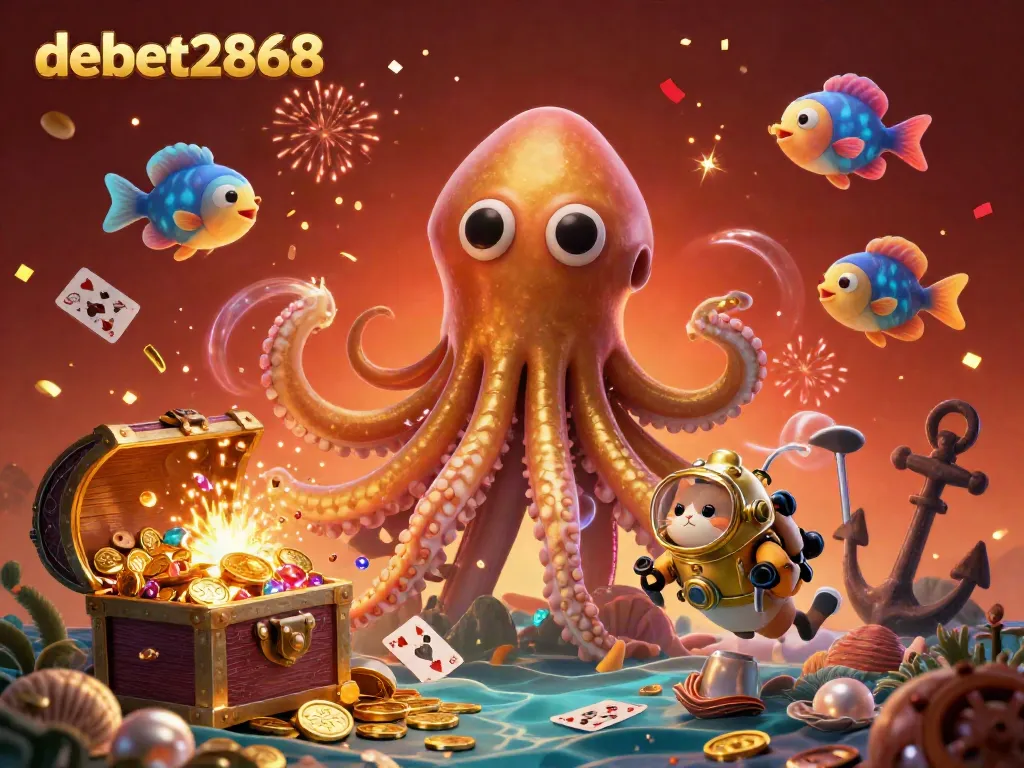 Engage with debet2868's thrilling gaming experience featuring a kraken and diving cat in a vibrant underwater treasure scene.
