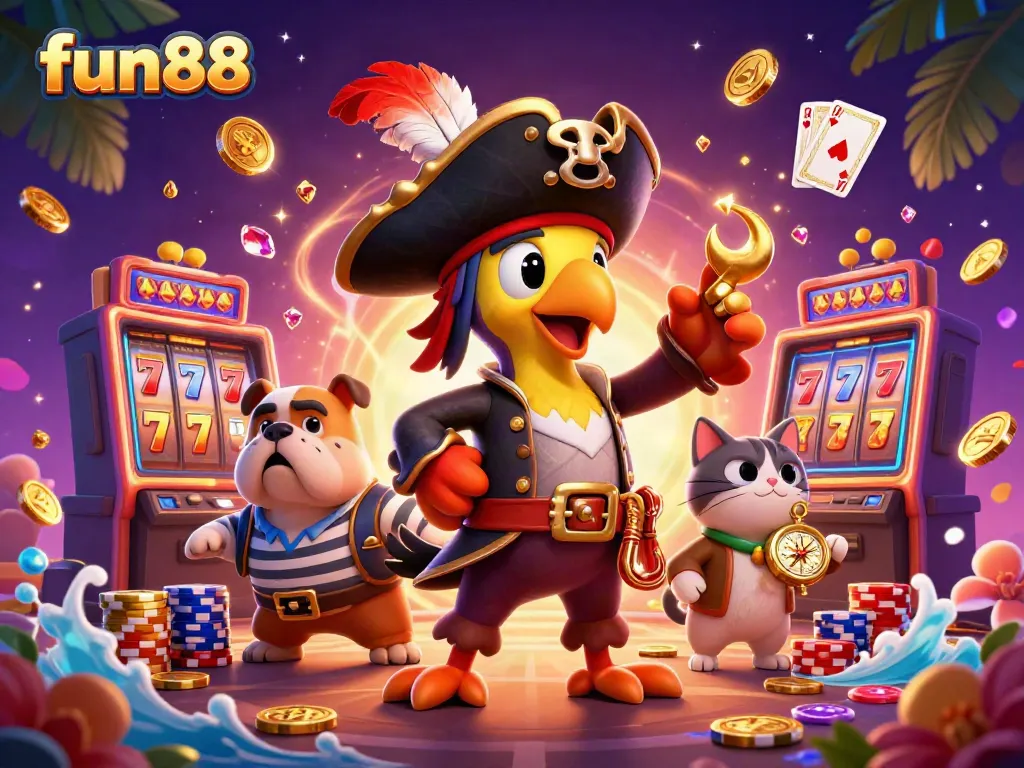 Experience the excitement of fun88 with a vibrant 3D pirate-themed casino scene filled with dazzling games and treasures.