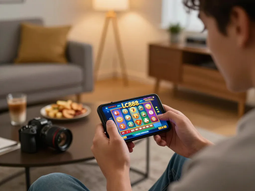 Player using lc888 log app on smartphone, vibrant slot games visible, cozy gaming atmosphere
