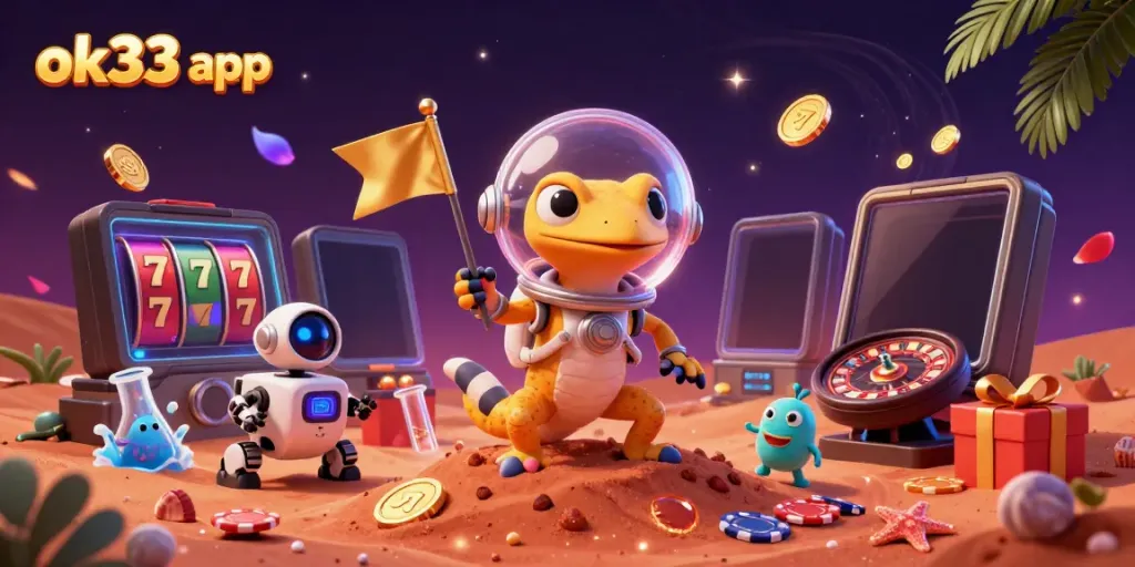 Experience the excitement of the ok33 app with a Martian gecko discovering a golden casino.