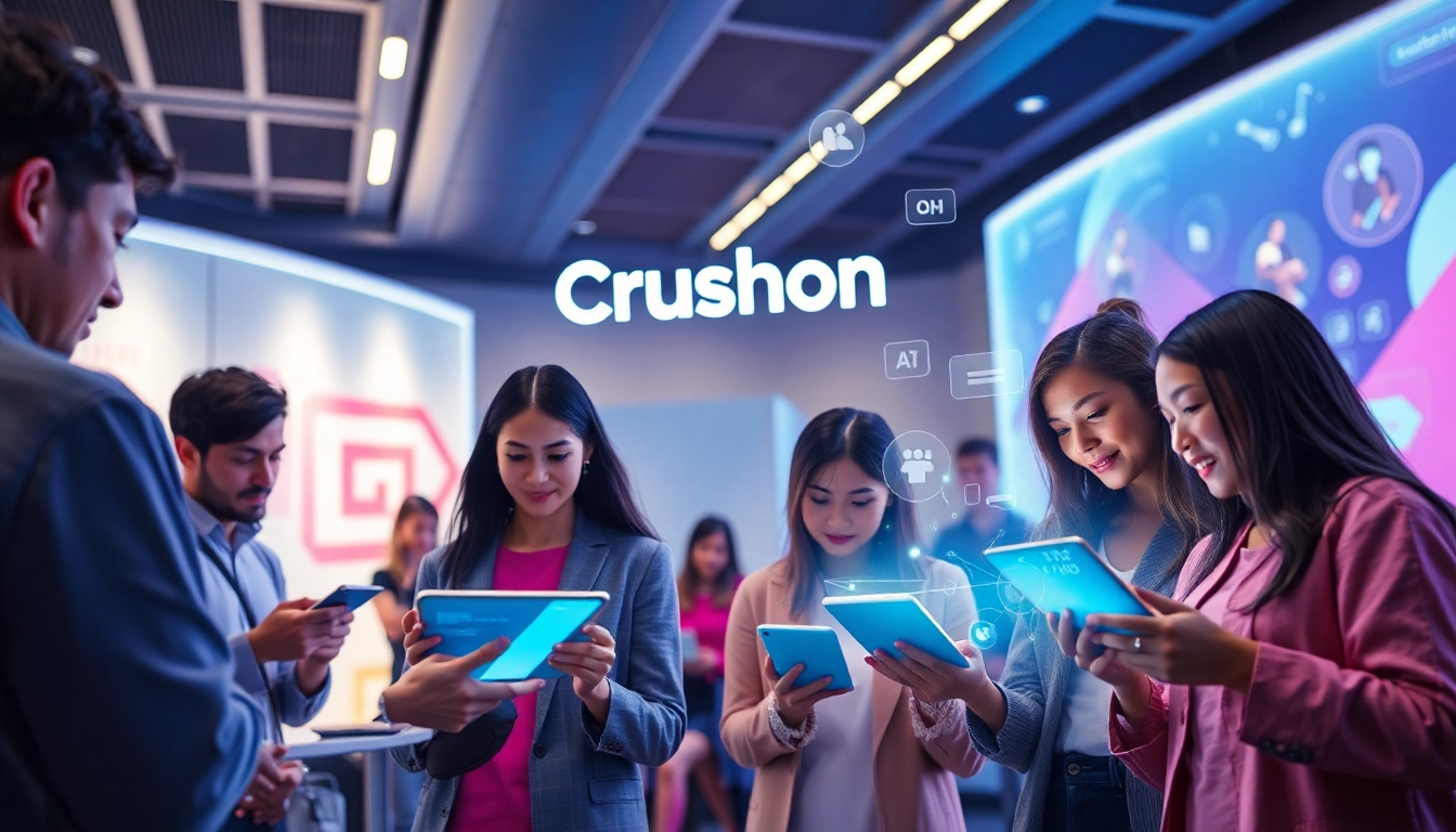 Engaging scene showcasing users interacting with the Crushon AI interface in a modern digital environment.