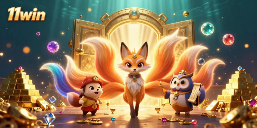 Experience winning thrills with the colorful 11win illustrated casino scene featuring vibrant treasures and playful spirits.