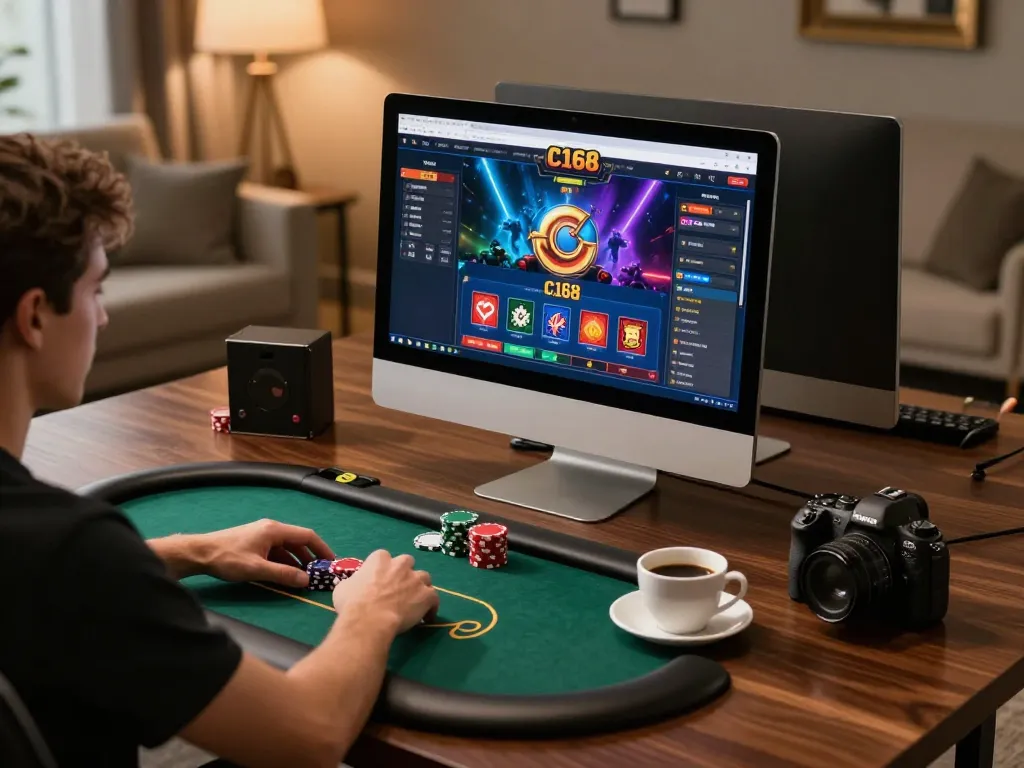 C168 online gaming setup featuring an engaged user at a poker game interface.