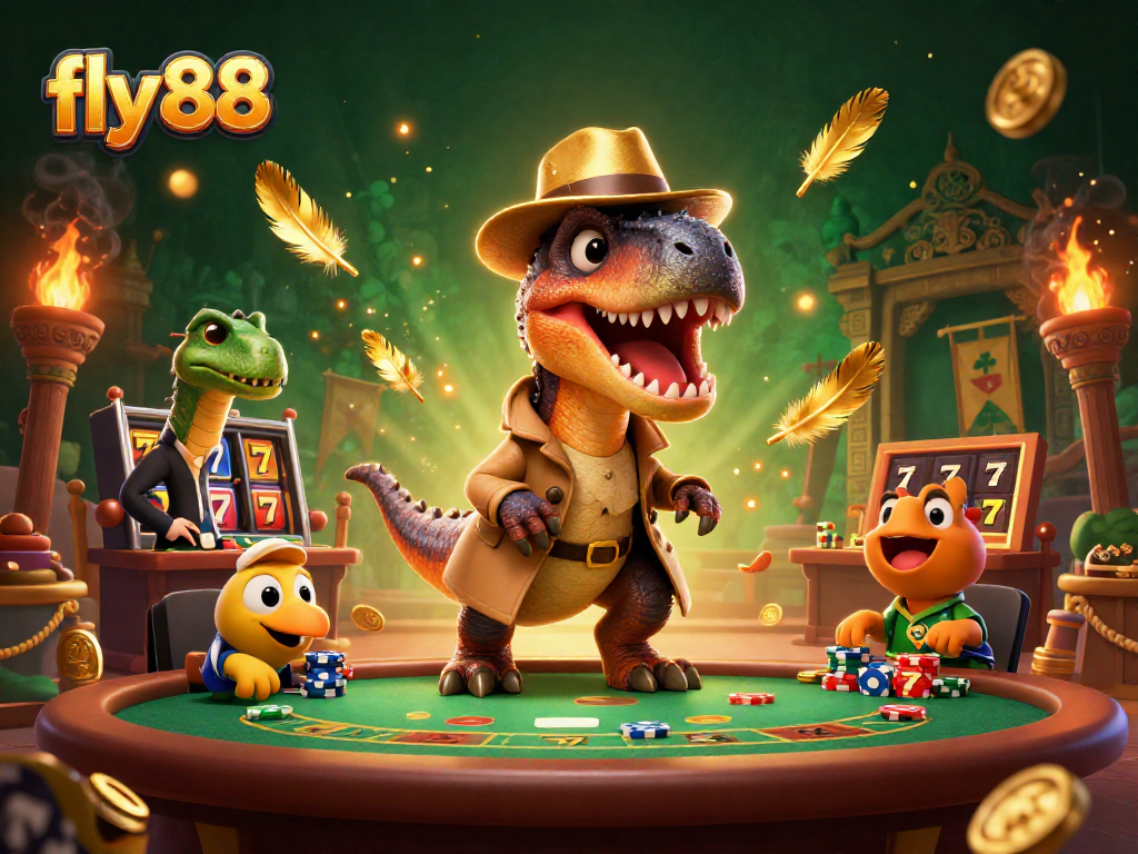 Experience thrilling gameplay at fly 88 with a velociraptor card counter and friends amid a vibrant casino scene.