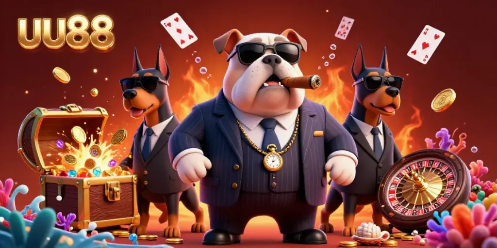 Engage with exhilarating gambling at uu88 featuring a mafia bulldog amidst chips and dynamic games.