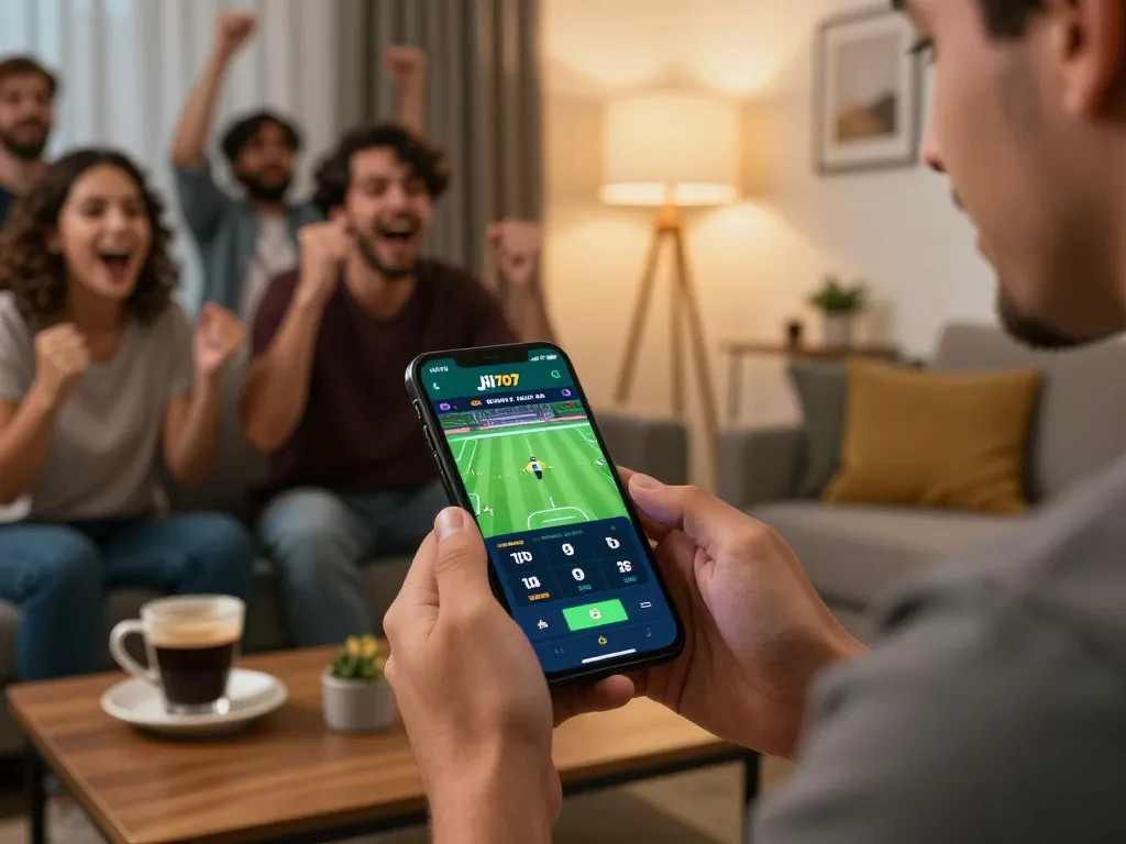 Player using the jili707 app brazil to place sports bets on a smartphone while enjoying the game.