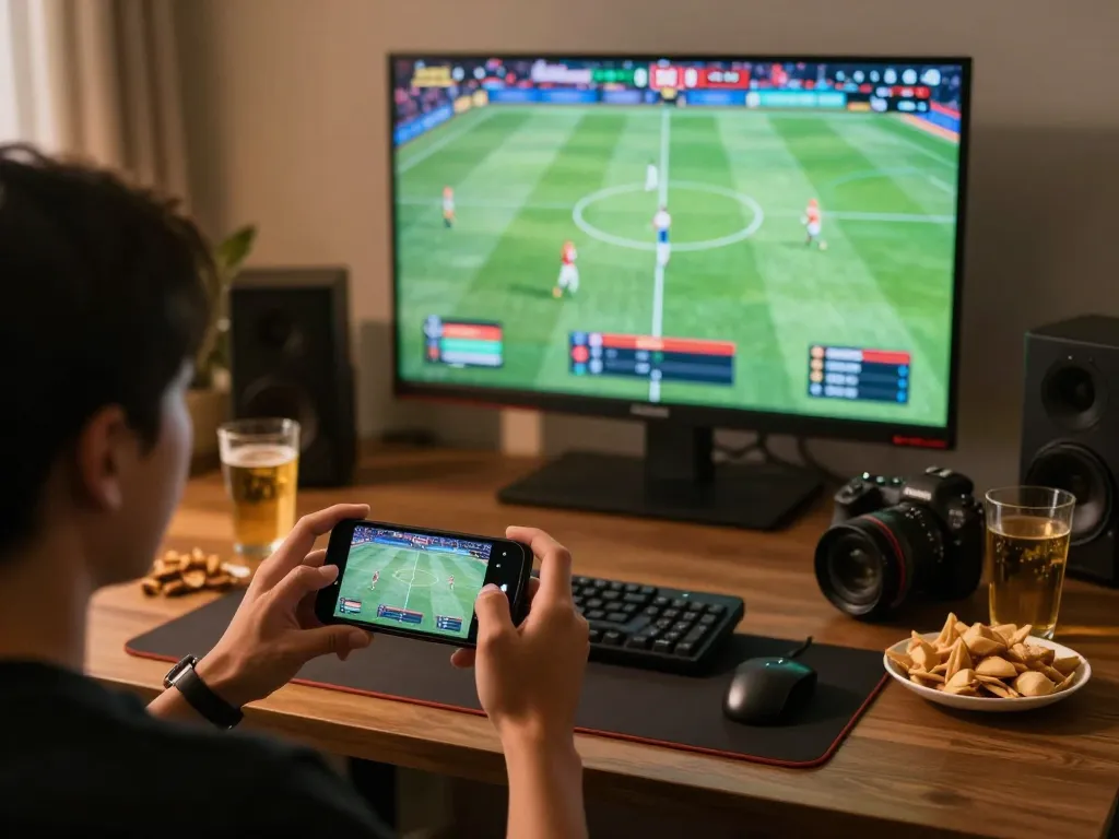 Player enjoying mobile sports betting on x333 while watching a live football match.