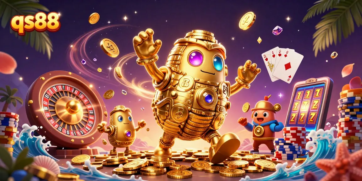 Experience thrilling wins with qs88 in this vibrant casino scene featuring a golden golem surrounded by exciting game elements.