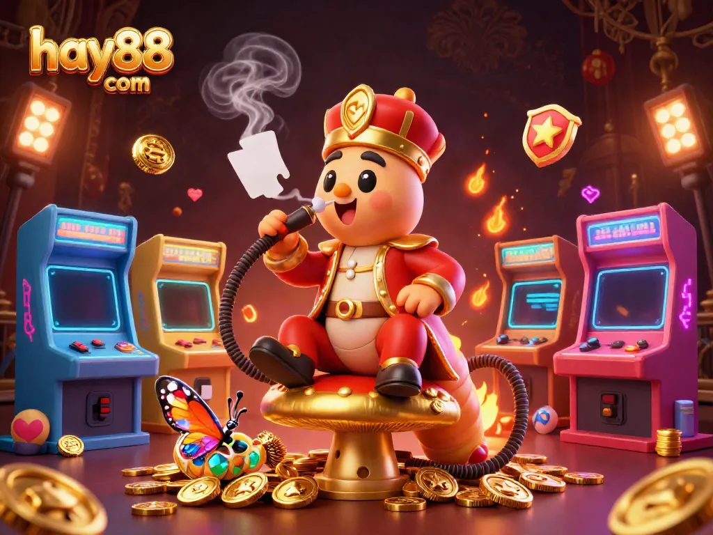 Engaging and visually rich depiction of various gaming elements at hay88 com's online casino, featuring a vibrant caterpillar character.