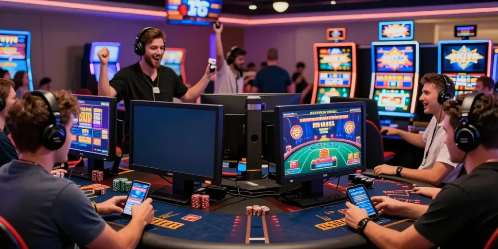 Exciting atmosphere of online gambling at https://fc88v1.com/ with diverse players enjoying live casino games and slot machines.