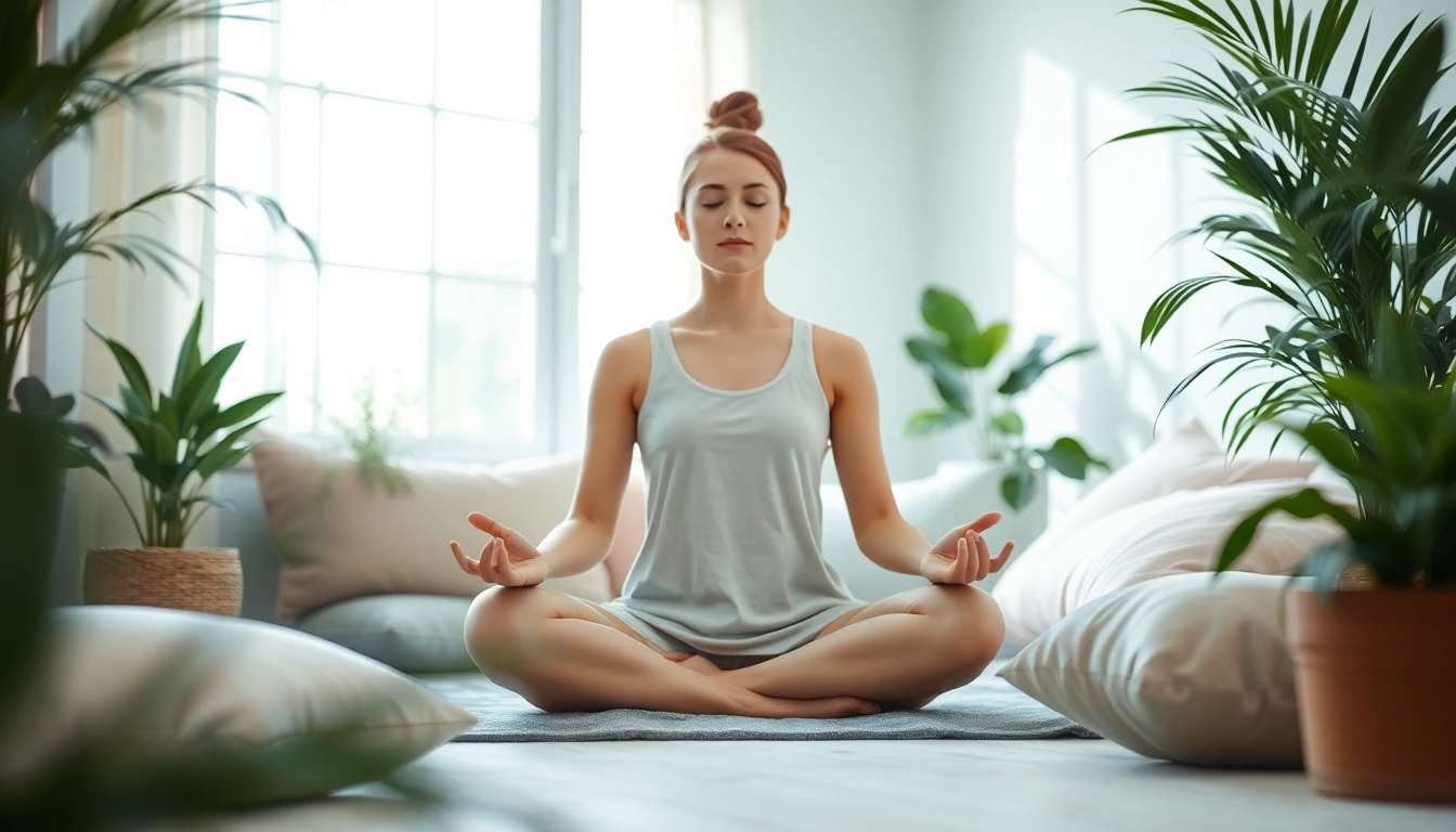 Promoting emotional wellbeing through meditation in a serene indoor setting.