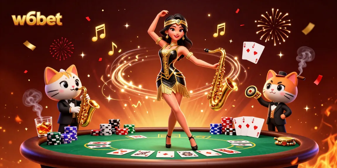 Experiência envolvente w6bet mostrando uma cena vibrante de cassino com cartas, fichas e personagens.